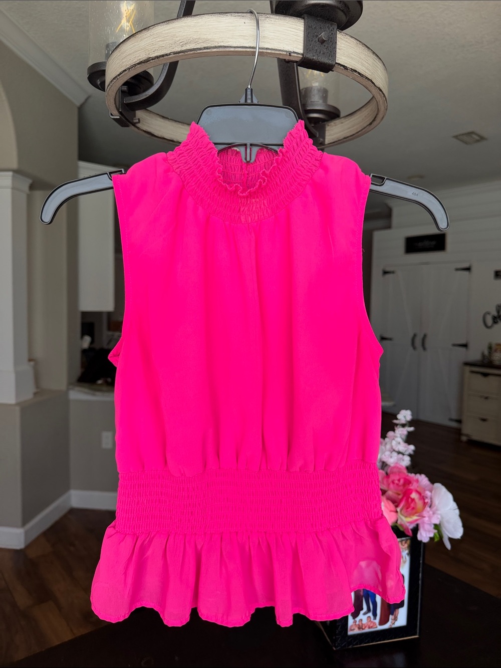 Junior Bright Pink Smocked Neck Peplum blouse